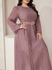 Veilorie Plus Size Women's Solid Color Round Neck Long Sleeve Contrast Lace Elegant Arabic Style Dress - Dusty Pink - View 5