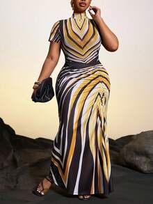 Veslaya Women's Plus Size Yellow Curve Elegant Cocktail Summer Striped Mock Neck Short Sleeve Jumpsuit And Pleated Maxi Skirt Set,Music Festival Party Outfit - Multicolor - View 4