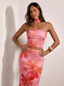 Opulessa Vacation Knit Classic Pattern Fitted Cropped Tank Top & Low Waist Fishtail Skirt 2 Pieces Set For Women,  Summer Spring Outfits, Beach Vacation Outfits, Elegant Going Out Outfits - Orange - View 5