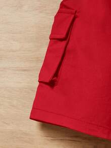 男婴夏季休闲时尚街头日常通勤翻盖口袋工装短裤 - 紅色 - 查看 3