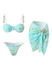Swim Oasis 夏季三件套女士沙滩装：大理石纹钢圈比基尼上衣、泳裤和裙子，贝壳肩带装饰，金色海星点缀，优雅沙滩装 - 彩色 - 查看 6