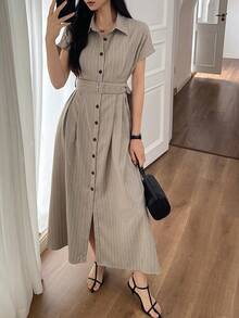 DAZY Women's Casual Vacation & Commute Striped Print Batwing Sleeve Belted Long Dress Sundress - Khaki - View 5