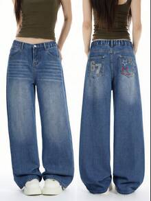 Jeans de pierna ancha con diseño de lavado desgastado vintage clásico azul oscuro, aplicación de dígito "67" y bordado de estrella multicolor para adolescentes - Azul lavado oscuro - Ver 4