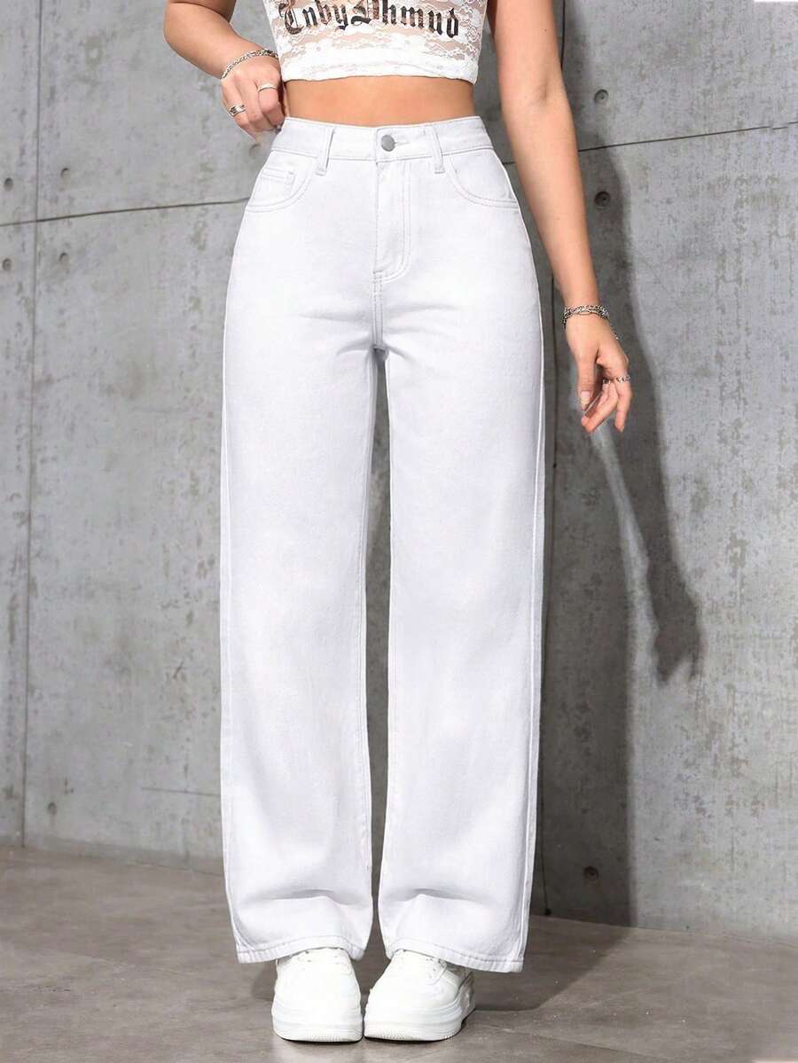 Jeanoix Women's Solid Color Minimalist Casual Denim Jeans - White - View 1