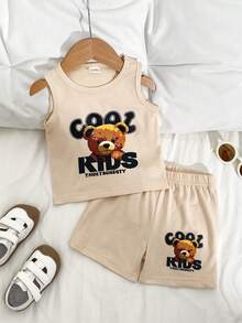 SHEIN Baby Boy Summer Knit Casual Short Sleeve T-Shirt And Shorts Set,English Cool Bear Print Top And Pants 2pcs Outfit,Beige Beach Wear For Outing,Party - Multicolor - View 3