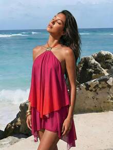 Nevyona 吊带飘逸渐变印花露背短裙，花卉装饰喇叭裙摆优雅俏皮派对连衣裙，适合海滩度假、情人节外出 - 橘色 - 查看 4