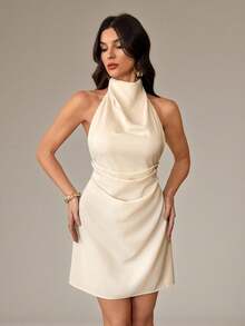 SHEIN Tall Vestido mini plisado con espalda descubierta y lazo en color albaricoque para mujer - Albaricoque - Ver 1