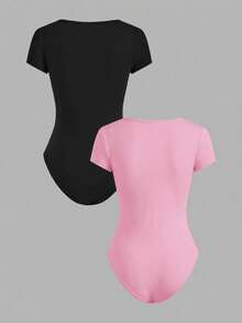 SHEIN EZwear 加大码黑色粉色紧身短袖连体衣两件套，夏季 - 粉色 - 查看 2
