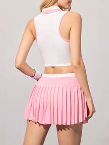 CourtClass 2pcs/Set Women's Summer Contrast Trim Cropped Tank Top And Pleated Mini Skirt Tennis Outfit - Multicolor - View 2