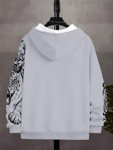 Manfinity 男士连帽拉链卫衣，休闲套头衫，日常通勤，学生装，青春运动风，百搭，虎纹印花设计，秋季款 - 淺灰色 - 查看 2