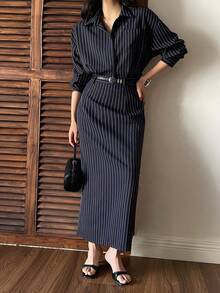 DAZY Women's Striped Long Sleeve Button-Up Shirt And A-Line Skirt Casual 2-Piece Set - Navy Blue - View 6