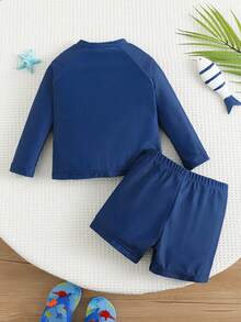 SHEIN Bubblio 2 Stücke/Set Baby Jungen süßer gestrickter elastischer Hai-Muster Farbblock Langarm Badeanzug & Badeshorts Set, geeignet für Strand, Pool, Urlaub - Verschiedenfarbig - Übersicht 2