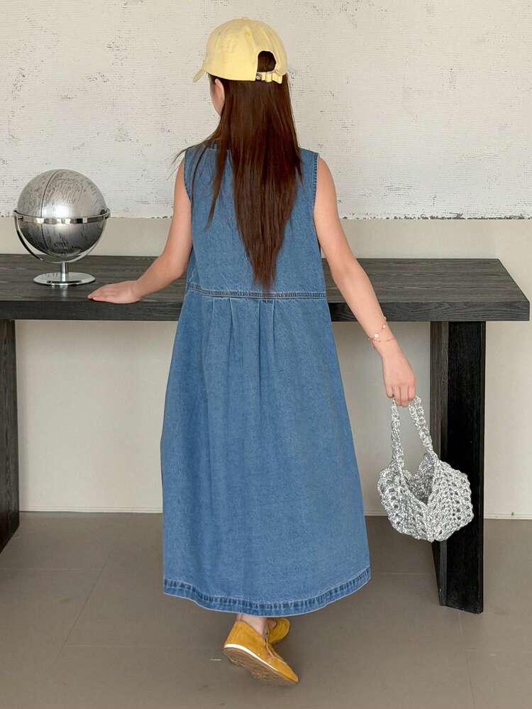 Tween Girls' V-Neck Single-Breasted Casual Versatile Everyday Denim Dress, Back To School Season