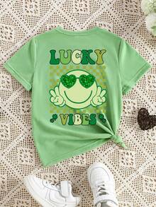 Young Girl Casual Cute Cartoon Face,Plaid,Clover,Glitter Heart Letter Print Short T-Shirt,Comfortable Summer School Daily Wear - Green - View 5