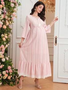 Momance Elegant Knotted Collar Ruffle Hem Maternity Dress For Autumn - Pink - View 1