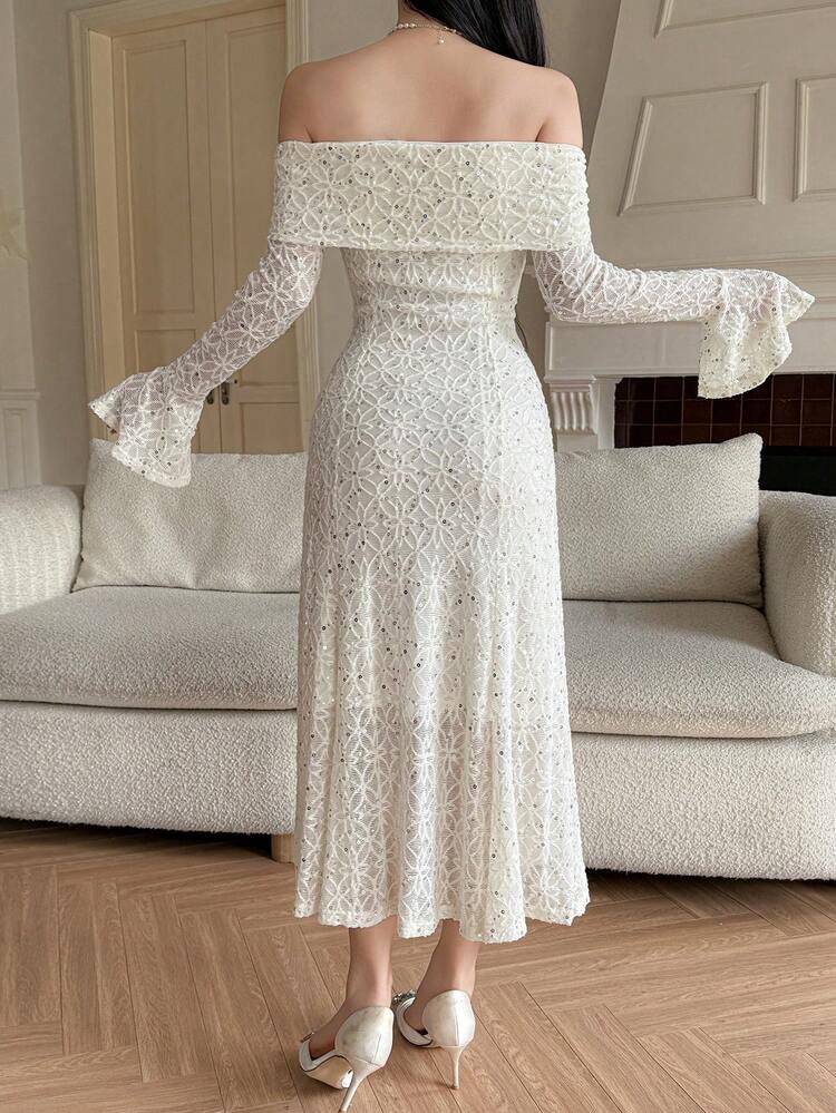Women's Elegant Lace Off-Shoulder Sequin Flare Sleeve Mermaid Midi Dress, Spring/Summer,Wedding Guest Dress Women Sundress