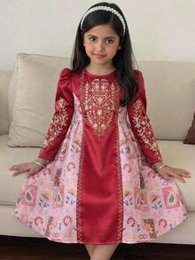 SHEIN Young Girl Round Neck Solid Color Patchwork Wine Red Floral Print Dress, Young Girls - Burgundy - View 2