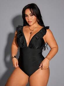 Shapewave New Arrival Summer Beach Vacation Ruffled Backless Elegant Plus Size One-Piece Swimsuit - Black - View 3