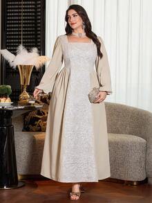 Modelyn Khaki Jacquard Patchwork Chiffon Elegant Fashion Aristocratic Romantic Beautiful Generous Goddess Long Sleeve Flared High-End Design Plus Size Women Dress - Khaki - View 6