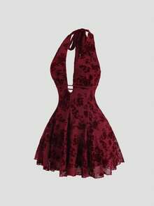 Sweetra New Spring/Summer Flocked Halter Neck Dress, Waist Cinching Slimming A-Line Silhouette, Suitable For Parties, Birthday Celebrations - Burgundy - View 4