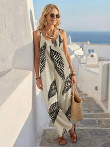 Faunlyn Women's Leaf Print Pocketed Casual Wide Leg Jumpsuit, Versatile For Spring/Summer Vacation & Travel - Multicolor - View 4