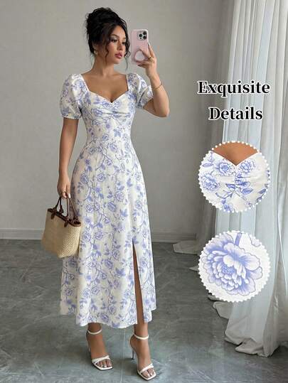 SHEIN Raffinéa שמלת מידי אלגנטית לנשים עם צווארון צרפתי מרובע, פרחונית סגולה ושרוולים נפוחים, מותן עם שס, שמלת חופשה קיצית פרחונית וקטיפה