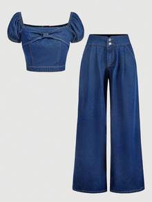 Sweetra Women's Casual Denim Outfit - Blue - View 1