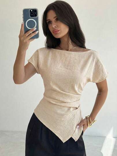 Firerie Casual Elegant Plaid Asymmetric Hem Blouse, Suitable For Commuting, Everyday Casual, And Fashionable Business Wear/Fall Clothes For Women / Back To School / Teacher Outfits For Women/Going Out Tops/Tops For Going Out /Business Casual Woman/Striped Shirt/ Business Casual Women/Teacher Shirts