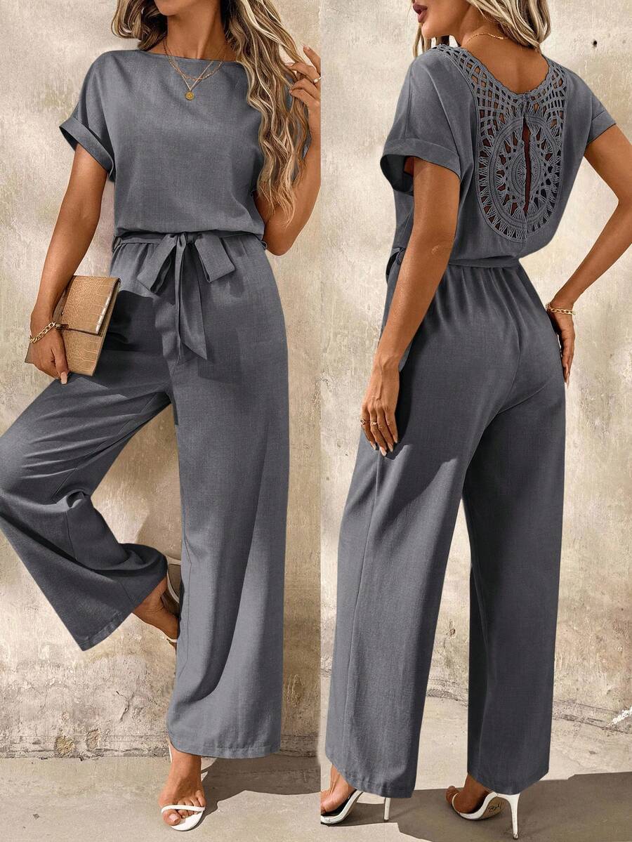 SHEIN Clasi Women's Casual Solid Color Backless Straight Jumpsuit, Summer - Dark Grey - View 1