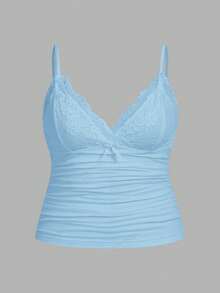 SHEIN ICON Plus Size Women Contrast Lace Bow Decor Ruffle Camisole, Going Out Tops - Baby Blue - View 1
