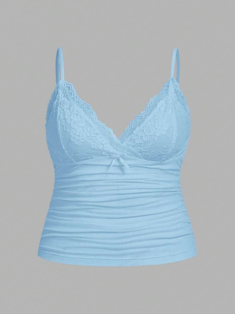 SHEIN ICON Plus Size Women Contrast Lace Bow Decor Ruffle Camisole, Going Out Tops - Baby Blue - View 1