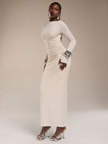 Normani Women's Solid Color Boat Neck Pleated Backless Elegant Minimalist Dress For Formal Occasions White Backless Dress Open Back Dress Bodycon Maxi Dress Women White Sexy Dress Women Elegant White Dress Curve - Beige - View 3