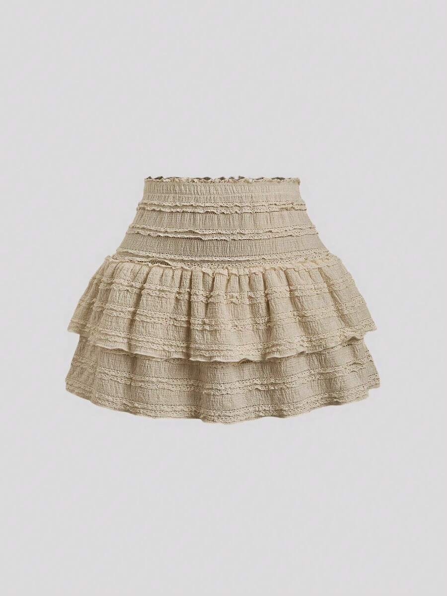 Sweetra Solid Color Ruffle Trim Number Print Double Layered Hem Skirt, Casual & Resort Y2K Mini Short - Khaki - View 1