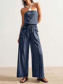 Bohemela Bộ jumpsuit nữ thời trang thắt eo với thiết kế quây ngực, phù hợp cho mặc hàng ngày, hẹn hò và đi chơi. - Màu xanh hải quân - Xem 5