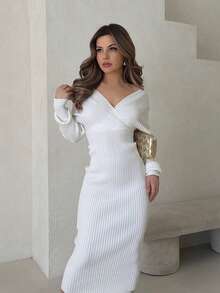 Jemour 女士性感优雅白色 V 领露肩长袖修身毛衣裙，适合日常穿着、办公室、约会、休闲、派对、感恩节、圣诞节白色中长裙白色长袖连衣裙白色紧身连衣裙罗纹中长裙秋冬 - 白色 - 查看 4