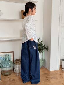 DAZY Tween Girls' Bow Embroidered Wide Leg Jeans - Blue - View 2