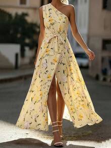 Balvessa Women's Fashion Asymmetric Neck Ruched A-Line Elegant Printed Pleated Split Dress, Suitable For Spring And Summer - Multicolor - View 5