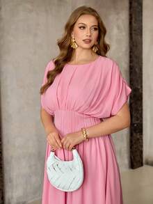 Roveilla 大码女士雪纺罗纹针织弹力圆领落肩连衣裙，腰部褶皱设计，A字裙摆，百褶下摆，优雅复古法式浪漫休闲海滩度假街头风，春夏新款 - 粉色 - 查看 5