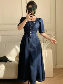 DAZY 女士休闲水洗假口袋方领泡泡袖牛仔连衣裙，夏季，婚礼宾客礼服 - 深色水洗藍 - 查看 8