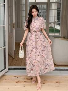 DAZY 女士优雅印花系领荷叶袖中长连衣裙 夏季 - 粉色 - 查看 8