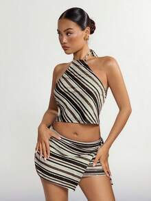 SHEIN ICON Y2K Women's Concert Club Striped Cropped Halter Neck Tank Top And Asymmetric Hem Mini Skirt Sexy 2 Pieces Set - Multicolor - View 1