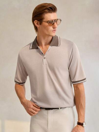 RONVEXI Men's Casual Colorblock Patchwork Short Sleeve Knit Sweater Men Summer Polo Shirts