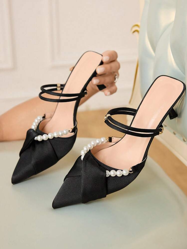 CUCCOO HITCHD Women's Pointed Toe Faux Pearl Decor Elegant High Heel Mules Elegant Shoes Wedding Shoes
