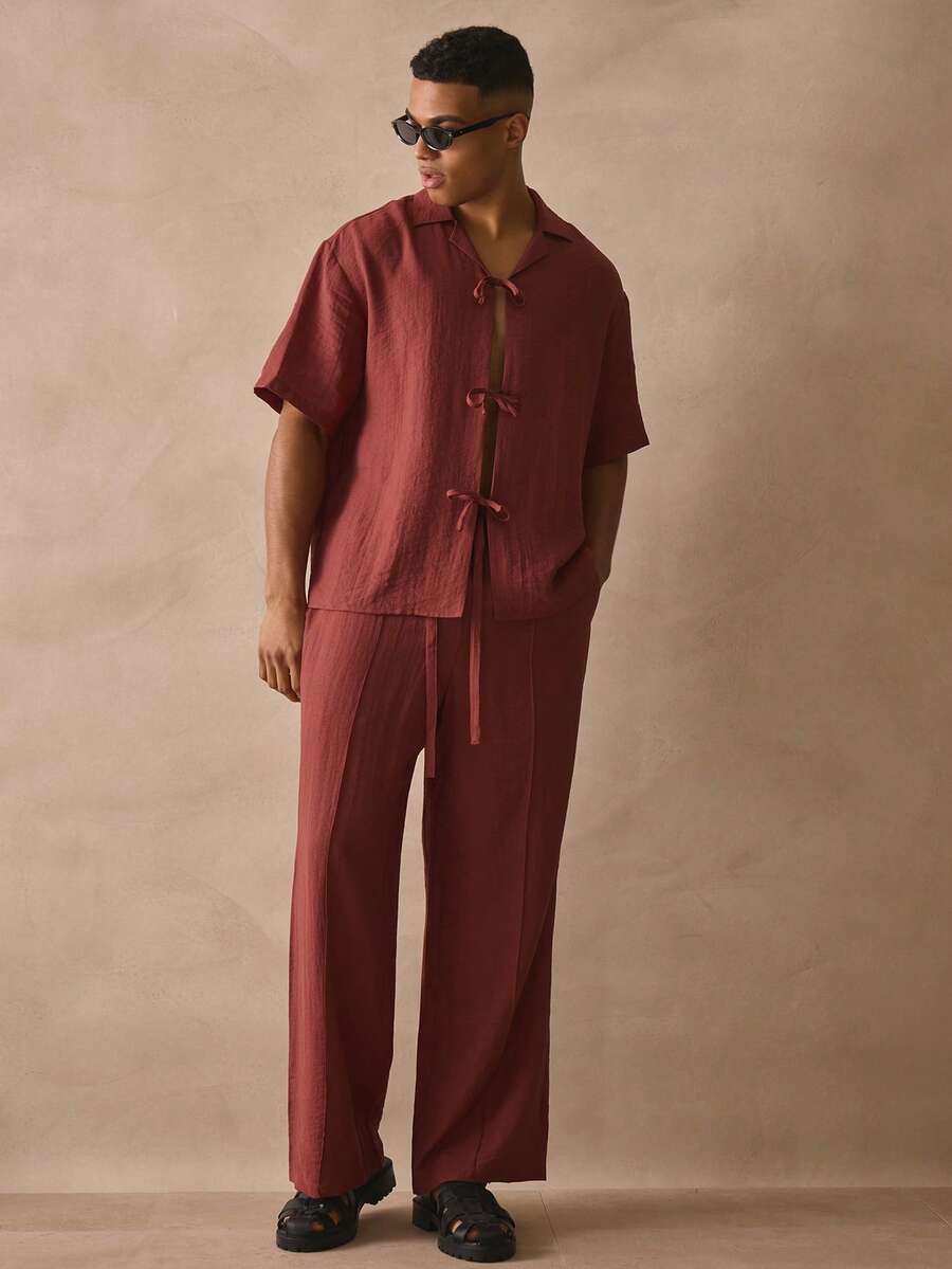 Musero 直筒加厚弹力抽绳腰带裤，前片褶裥设计，亚麻材质，春夏度假必备单品 - 棕色 - 查看 1