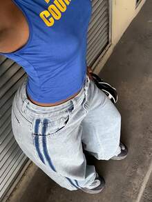 StreetHx 女士休闲时尚百搭街头风阔腿牛仔裤 - 淺色水洗藍 - 查看 6