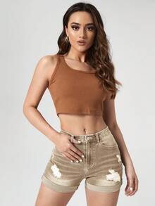 Jeanoix Women's Summer Casual Frayed Ripped Slant Pocket Skinny Denim Shorts - Khaki - View 4