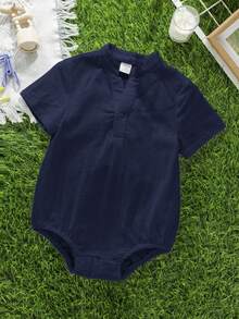 SHEIN Baby Boy/Girl Casual Daily Wear Mandarin Collar Snap-Up Romper, Suitable For Spring/Summer Indoor & Outdoor - Navy Blue - View 7