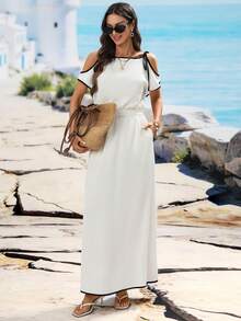 SHEIN Holidaya Women's Off-Shoulder Adjustable Tie Casual Vacation Style Solid Color Dress - Apricot - View 5