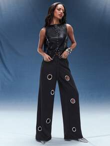 Normani 女士纯色抽绳腰部孔眼设计宽松休闲运动裤 - 黑色 - 查看 3