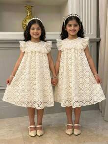 SHEIN 少女宽松优雅圆领荷叶边碎花连衣裙 - 杏色 - 查看 3